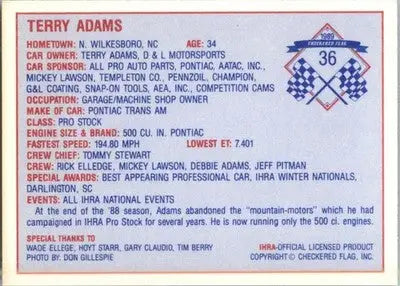 Terry Adams - 1989 Checkered Flag IHRA - #36 - Racing - Racing Card Single