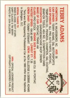Terry Adams - 1990 Checkered Flag IHRA - #67 - Racing - Racing Card Single