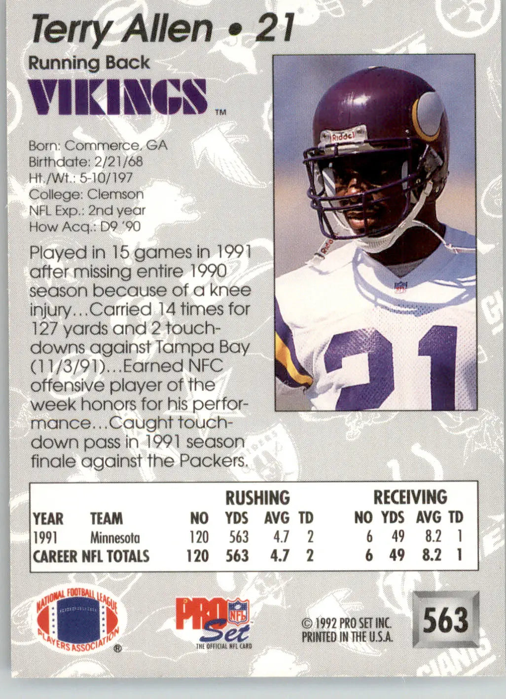Terry Allen - 1992 Pro Set - #563 - Football - Football Card Single