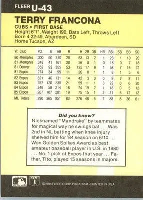 Terry Francona - 1986 Fleer Update - #U-43 - Baseball - Baseball Card Single