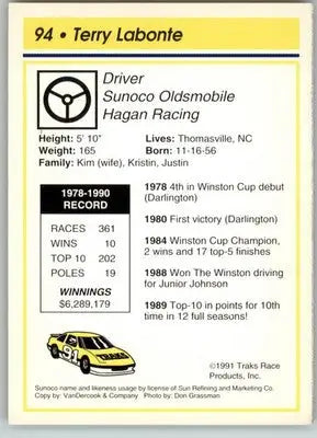 Terry Labonte - 1991 Traks - #94 - Racing - Racing Card Single