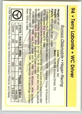 Terry Labonte - 1992 Traks - #94 - Racing - Racing Card Single