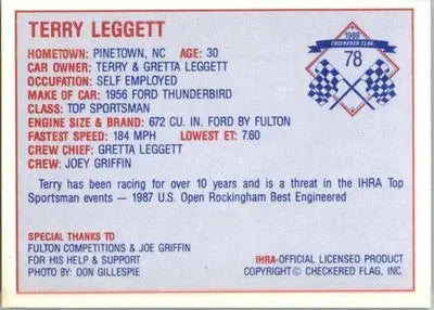 Terry Leggett - 1989 Checkered Flag IHRA - #78 - Racing - Racing Card Single