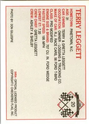 Terry Leggett - 1990 Checkered Flag IHRA - #20 - Racing - Racing Card Single