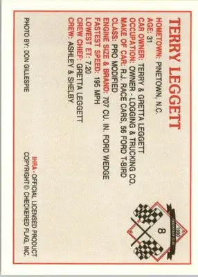 Terry Leggett - 1990 Checkered Flag IHRA - #8 - Racing - Racing Card Single