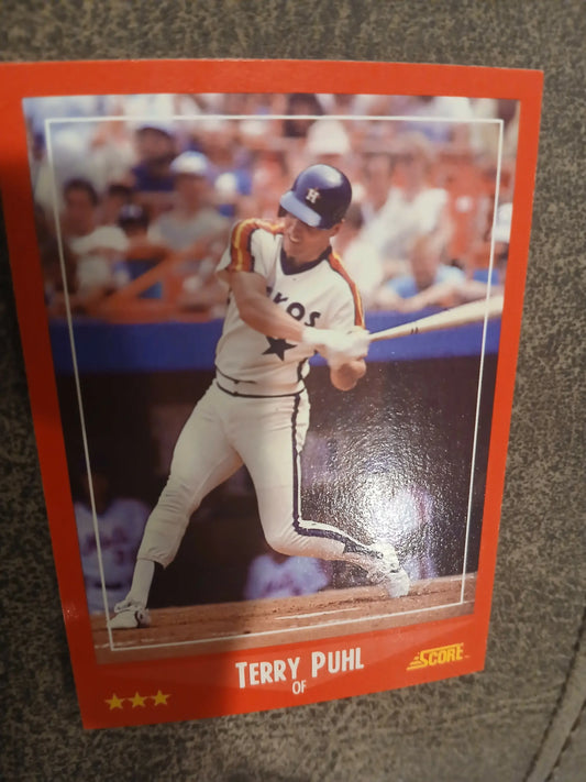 Terry Puhl baseball card showcasing a Houston Astros player swinging a bat in white uniform