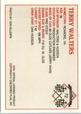Terry Walters - 1990 Checkered Flag IHRA - #72 - Racing - Racing Card Single