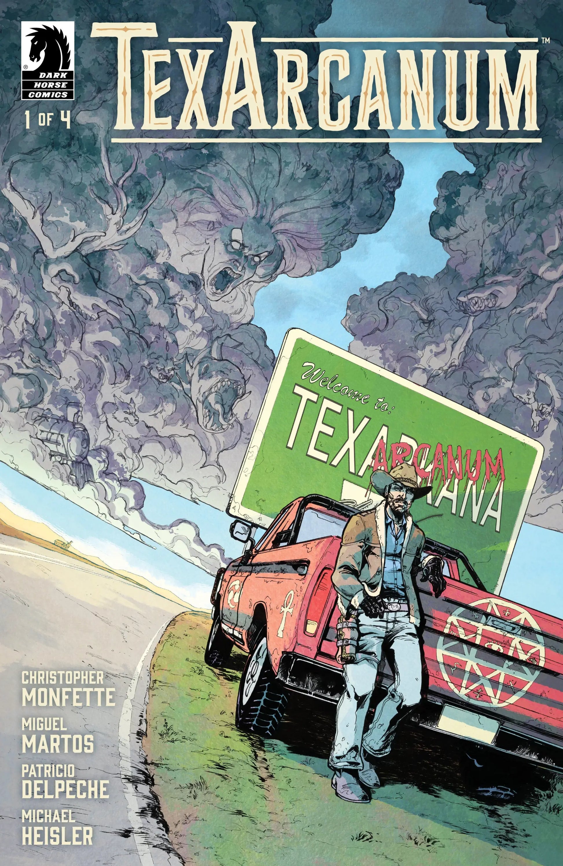 Comic book cover by Christopher Monfette featuring a man, truck, and horror noir cloud
