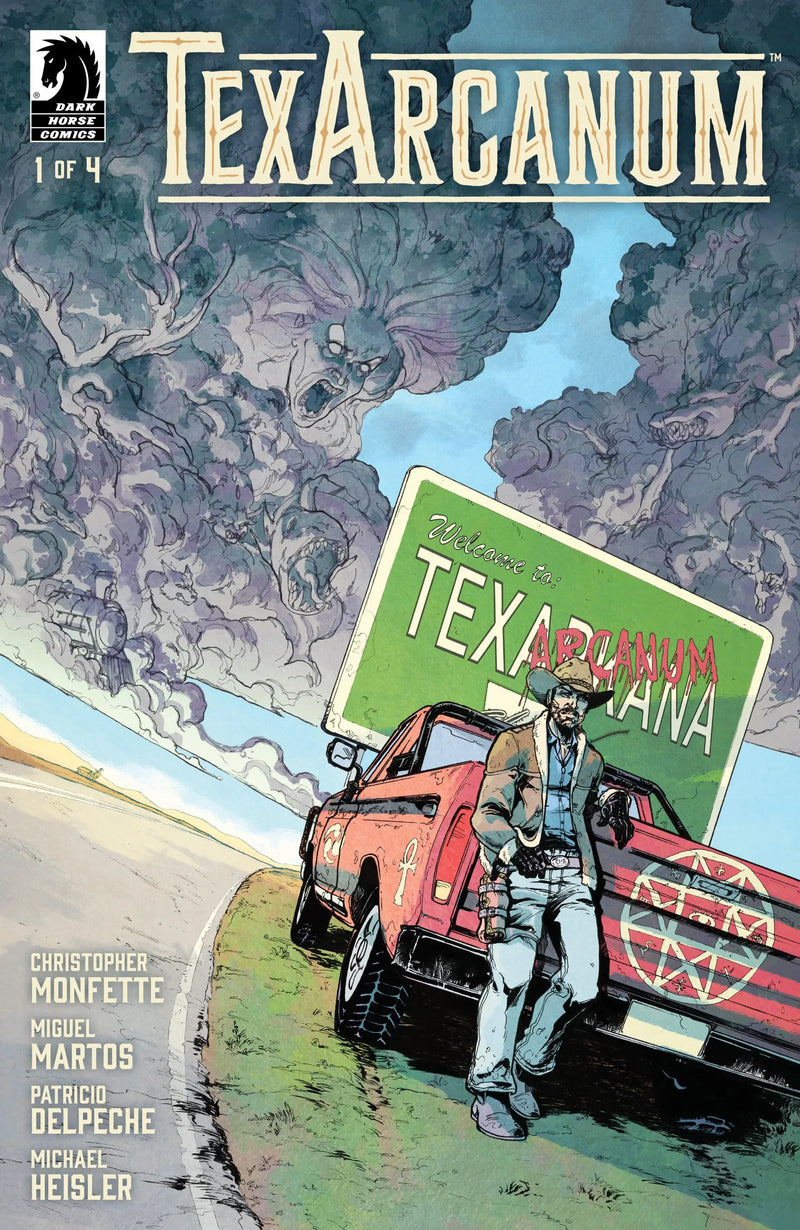 Comic book cover by Christopher Monfette featuring a man, truck, and horror noir cloud