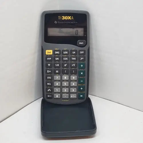 Dark gray Texas Instruments TI-30XA scientific calculator with hard slide case
