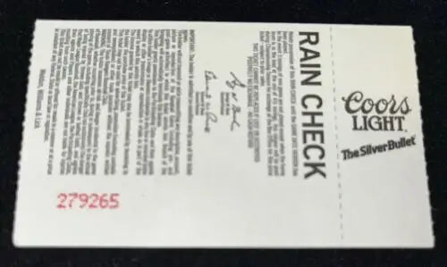 Coors Light rain check ticket for Texas Rangers vs Minnesota Twins MLB ticket stub