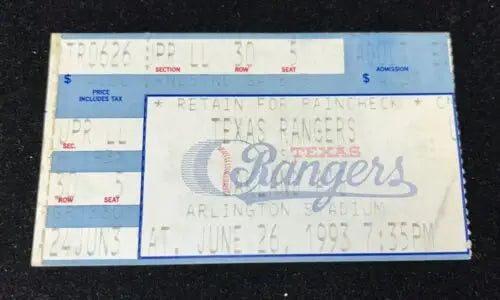 Texas Rangers ticket stub from June 26th 1993 game against Oakland A’s