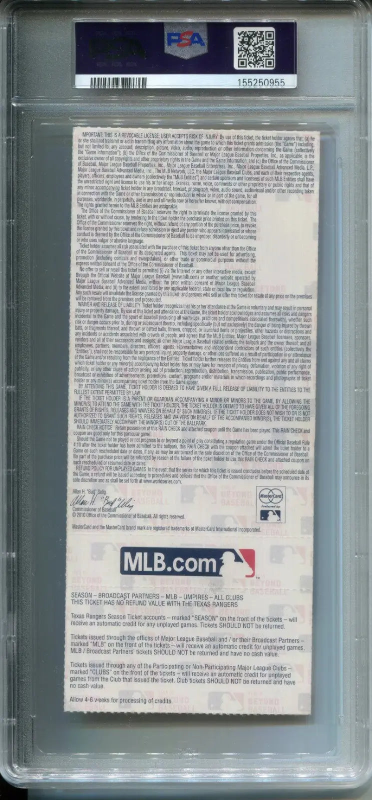 Texas Rangers Win SF Giants 2010 World Series Game 3 Ticket PSA 3 Colby Lewis - Sports Memorabilia