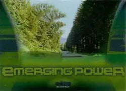 Animated EMERGING POWER text with green glow on nature background for trading cards