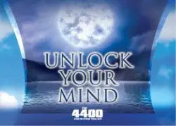 Glowing text UNLOCK YOUR MIND on a cloudy sky in The 4400 foil case topper card