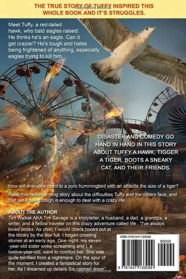 Back cover of The Adventures of Tuffy Book 1 with a red-tailed hawk flying above a carnival