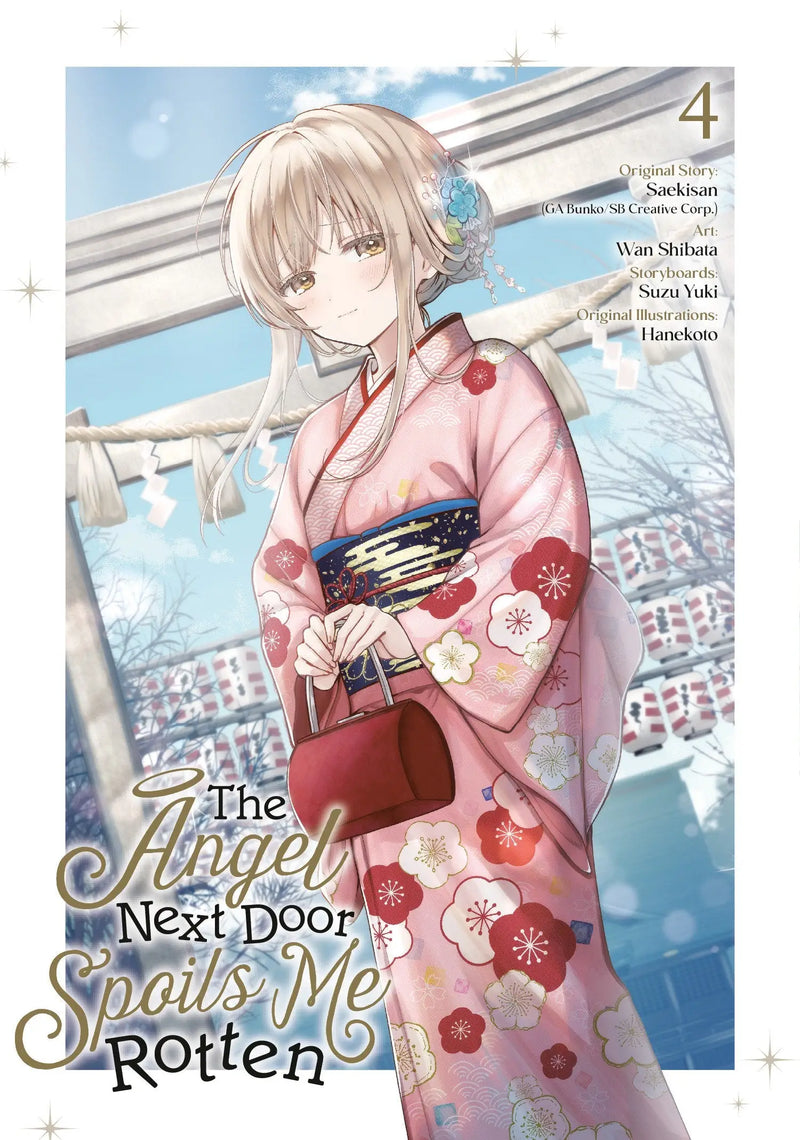 Light novel with anime girl in pink kimono for cozy teen romance manga The Angel Next Door Spoils Me Rotten 04