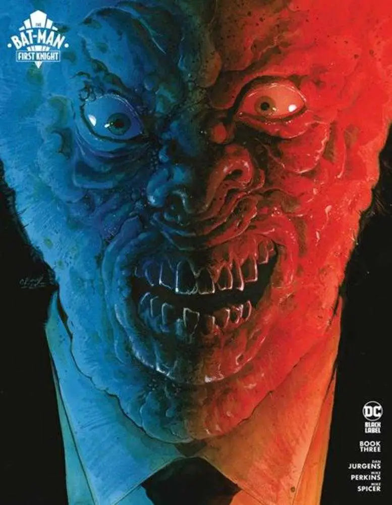 Grotesque demonic face in blue and red lighting on The Bat-Man First Knight trading card