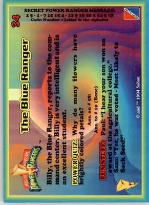 The Blue Ranger - 1994 Collect-A-Card Mighty Morphin Power Rangers - #34 - Non-Sports Card Single