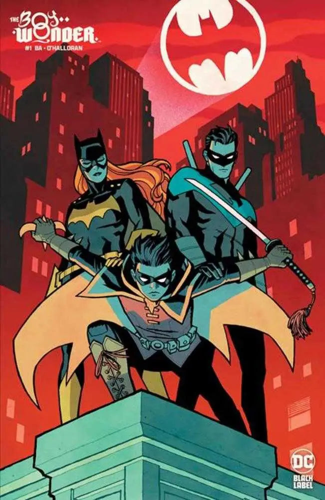 Comic book cover art of Batgirl, Nightwing, and Robin with the Bat-signal in red sky