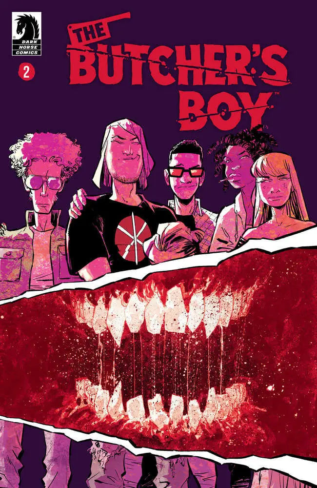 Comic book cover by Justin Greenwood featuring blood-dripping teeth and colorful characters