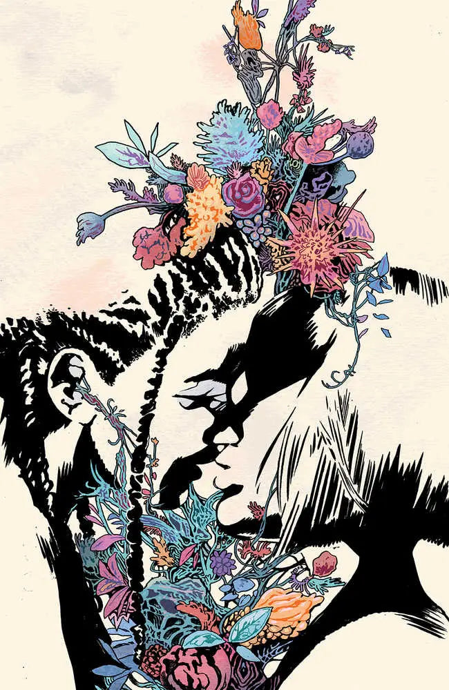 Silhouetted profile filled with vibrant floral arrangements in The Cull #1 trading cards