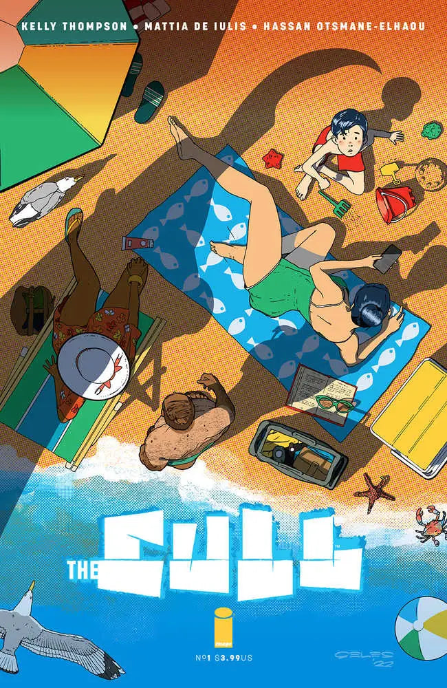 Comic book cover of The Cull #1 featuring swimming in a pool with collectible trading cards
