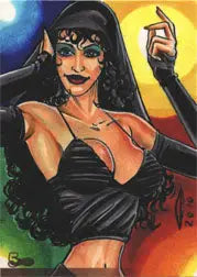 Stylized illustration of a woman in black attire on Anthony Hochrein sketch card
