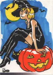 Cartoon-style witch on a jack-o’-lantern pumpkin for The Female Persuasion sketch card