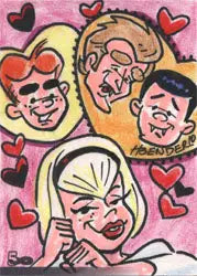 Cartoon-style sketch card by Howard Bender featuring smiling faces and hearts