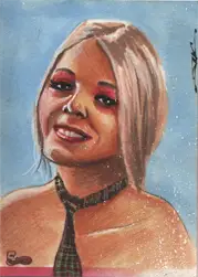 Portrait of a smiling blonde woman on The Female Persuasion Sketch Card by Jim Kyle
