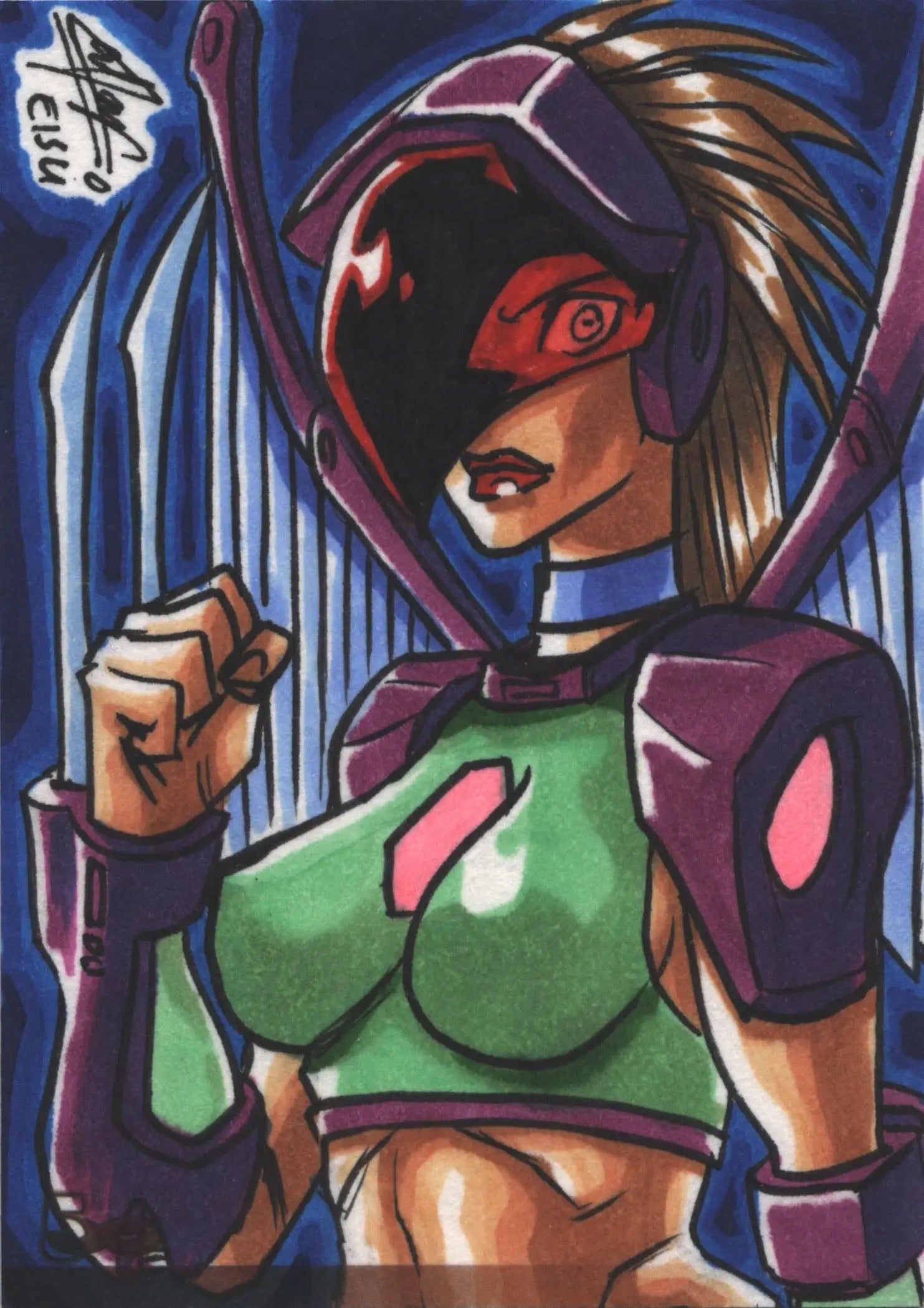 Stylized anime warrior illustration on The Female Persuasion Sketch Card by Remy Mokhtar