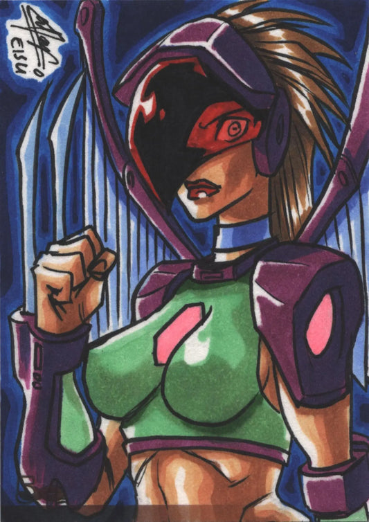 Stylized anime warrior illustration on The Female Persuasion Sketch Card by Remy Mokhtar