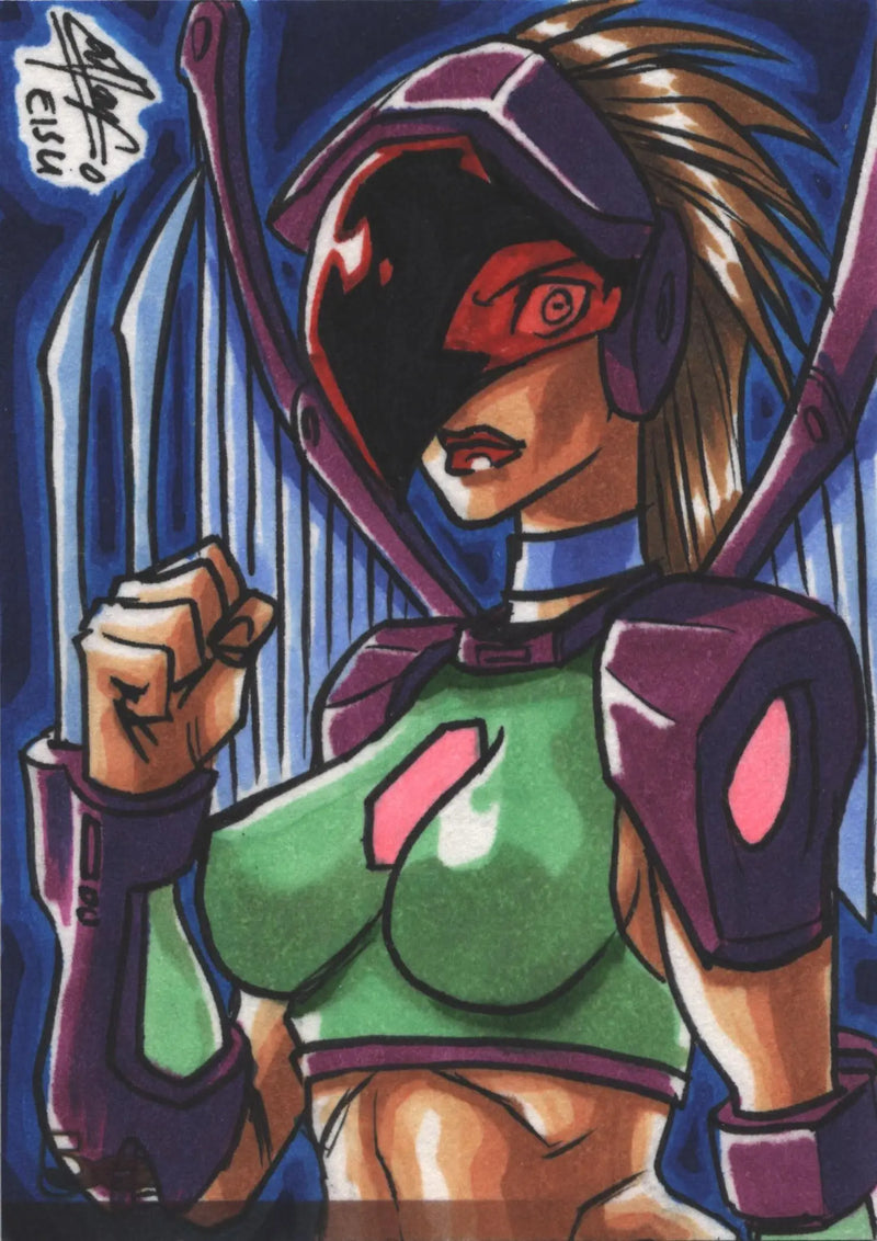 Stylized anime warrior illustration on The Female Persuasion Sketch Card by Remy Mokhtar