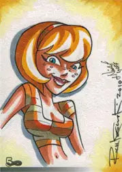 Cartoon illustration of a smiling woman in green, featured on Rich Koslowski’s sketch card