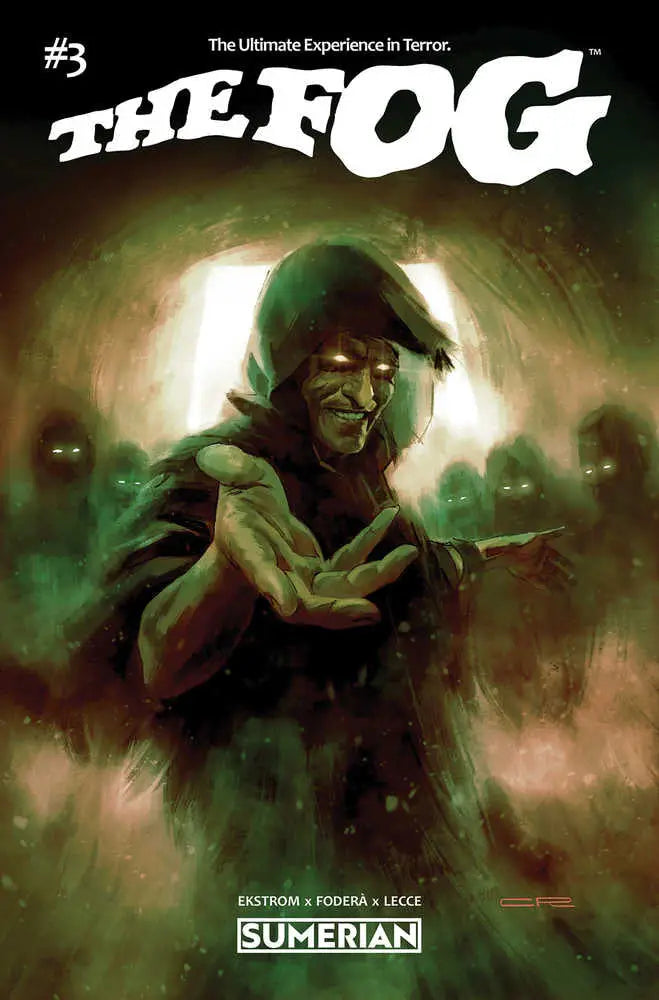 Dark hooded figure in eerie green fog on The Fog #3 trading card cover by Rosado