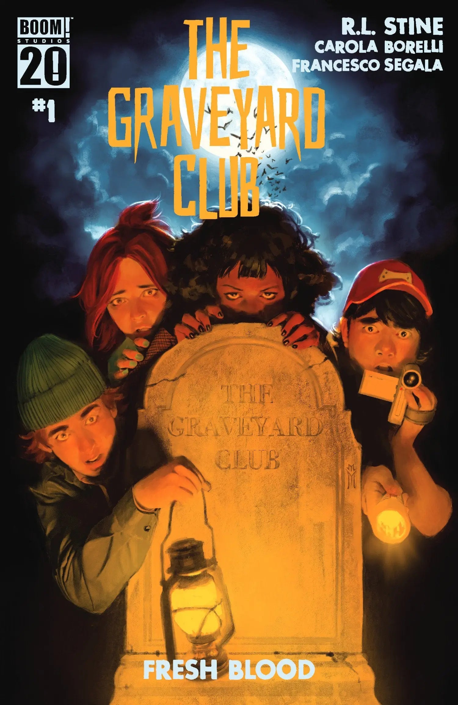Comic book cover of the Graveyard Club Fresh Blood group around a tombstone featuring children