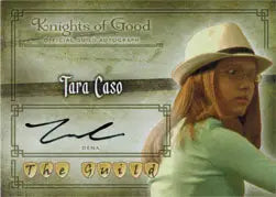 Autographed trading card of Tara Caso as Dena in a green top and tan hat