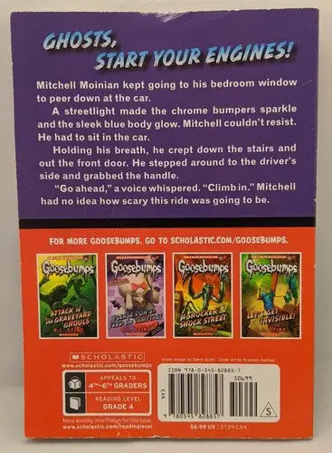 Back cover of The Haunted Car Classic Goosebumps book on store shelf pulls