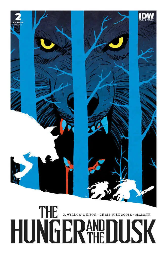 Menacing wolf face with glowing yellow eyes among dark trees in The Hunger And The Dusk #2 Variant B trading card