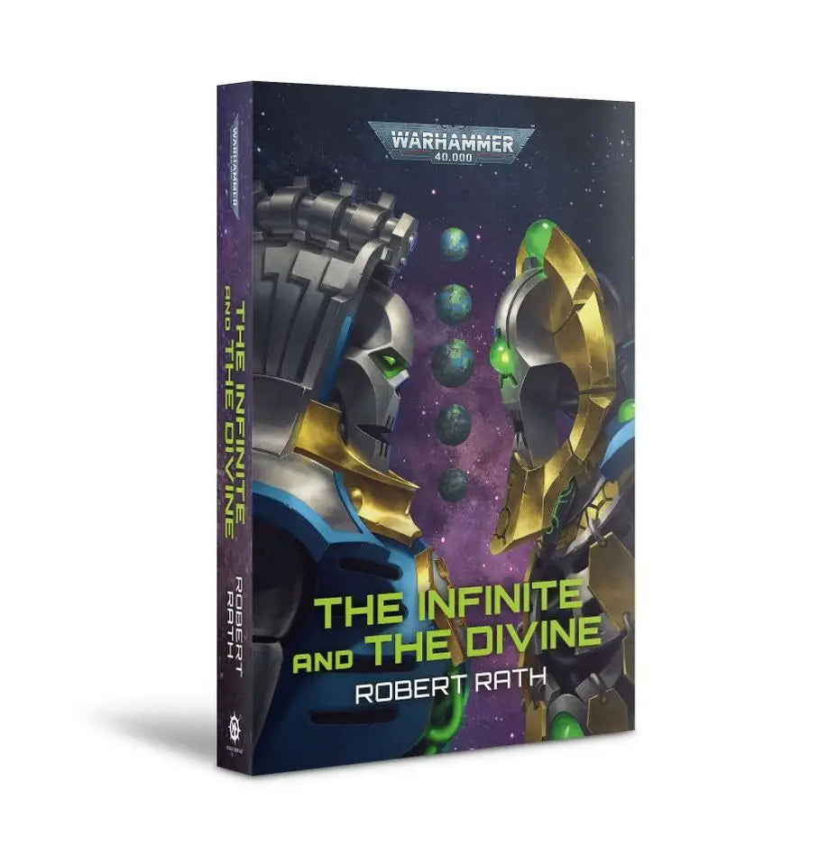 Warhammer 40k novel The Infinite and The Divine paperback displayed on a shelf