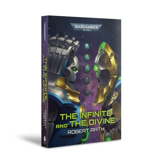 Warhammer 40k novel The Infinite and The Divine paperback displayed on a shelf