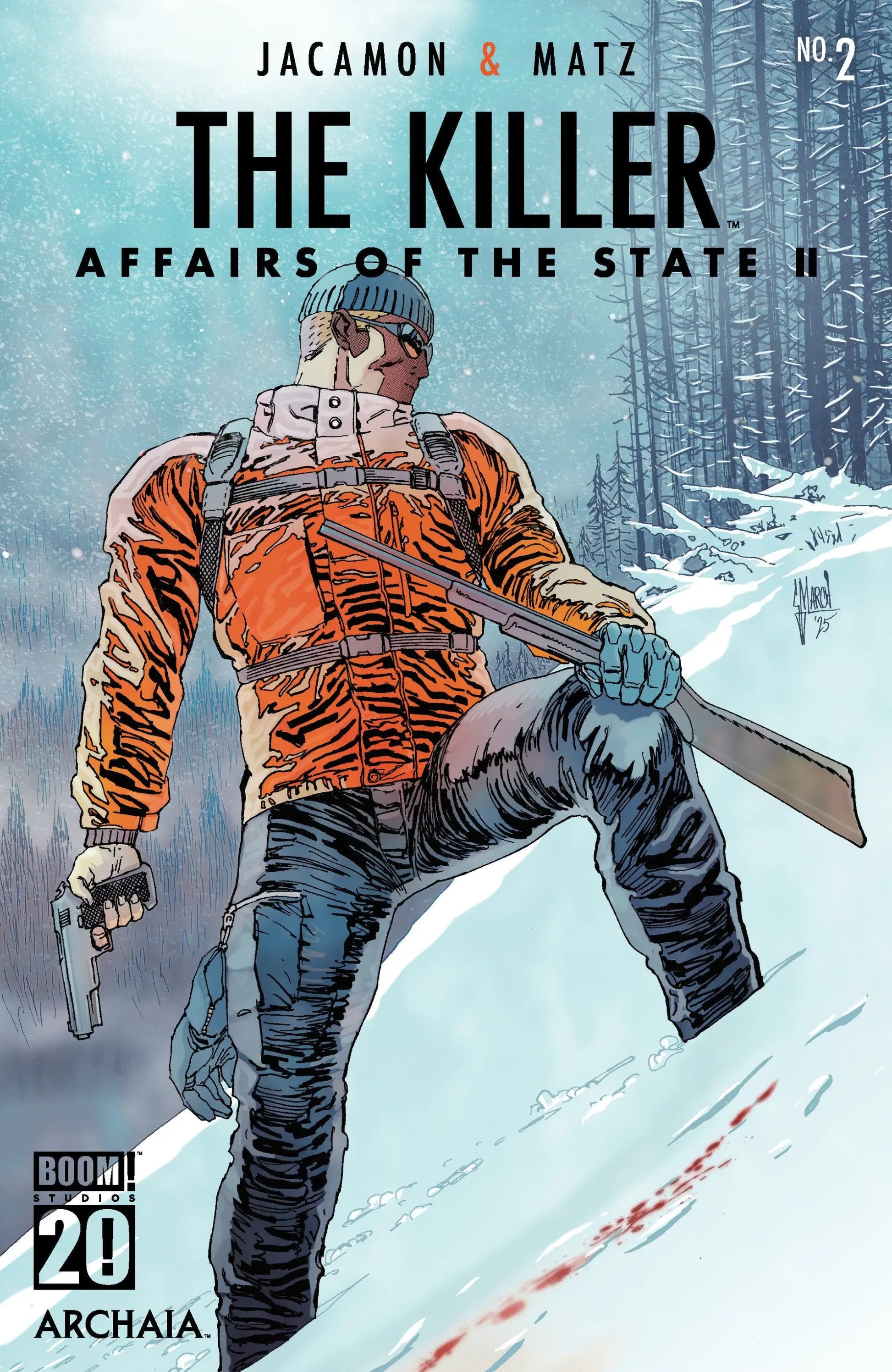 Comic book cover featuring a man in winter gear with rifle and pistol for Killer Affairs Variant Dressed March
