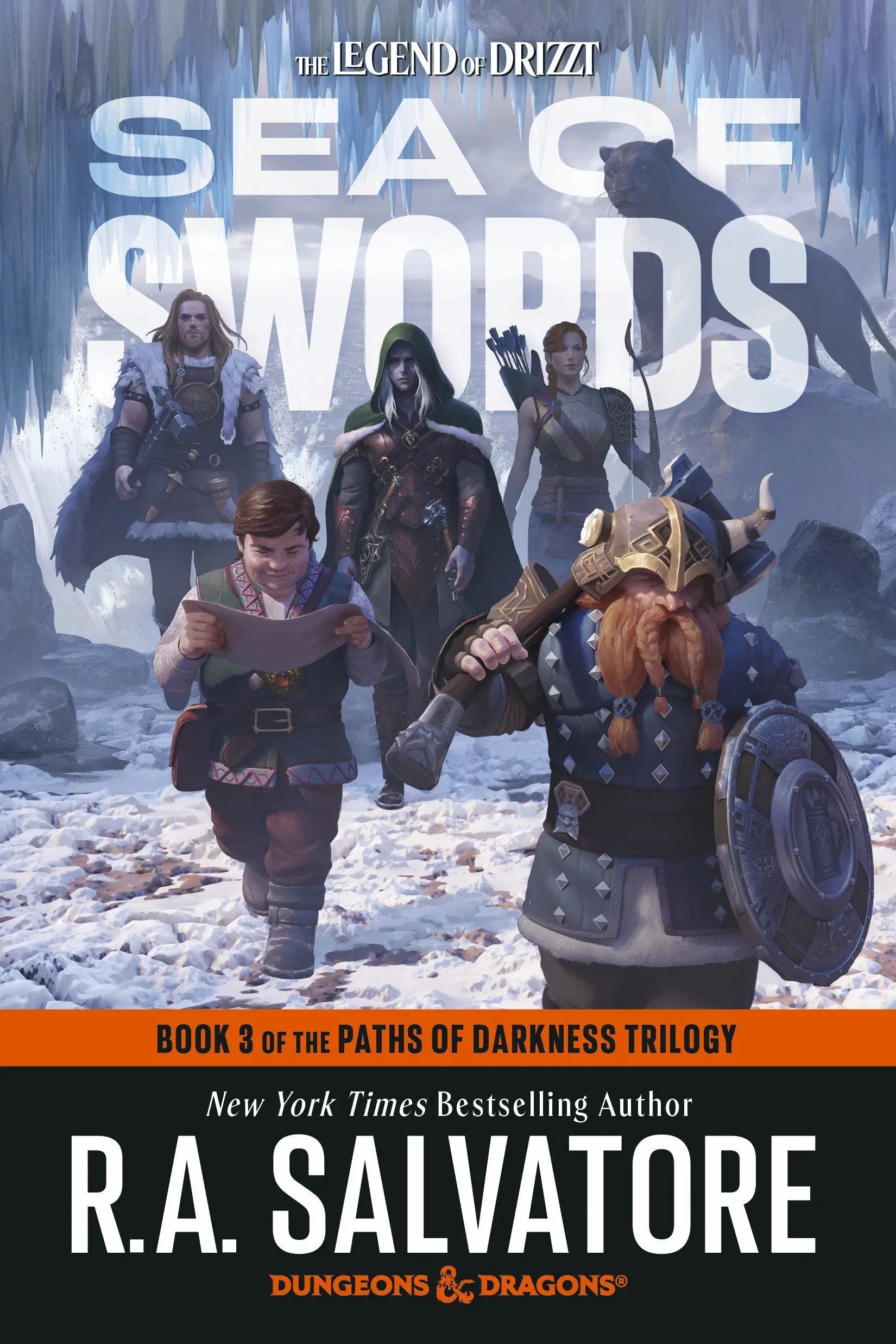 Fantasy novel book cover for The Legend of Drizzt Sea of Swords Darkness Book