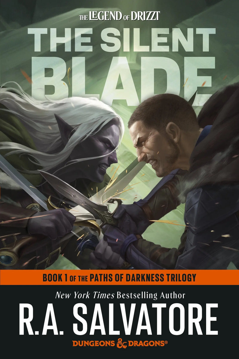 Fantasy novel cover with two warriors clashing swords from The Silent Blade Darkness Trilogy