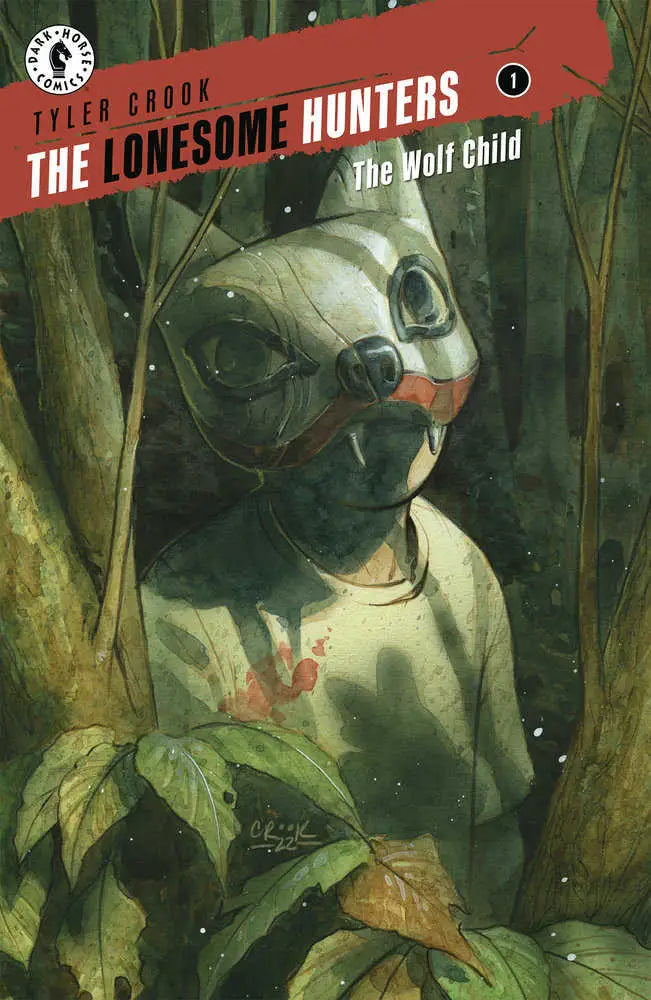 A figure in a pale mask and bloodstained clothes among foliage in Tyler Crook’s artwork