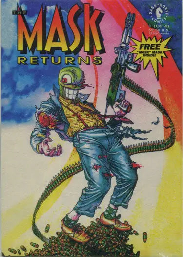 Comic book cover on The Mask Movie Promo Card P1 featuring a masked character with weapons