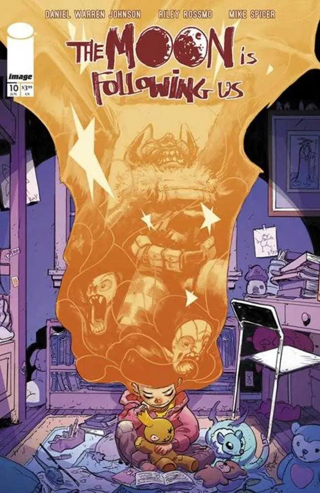 Comic book cover of The Moon Is Following Us #10 by Riley Rossmo displaying the miniseries finale