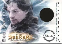 Trading card of a man with long hair in the snowy scene, pieceworks costume card