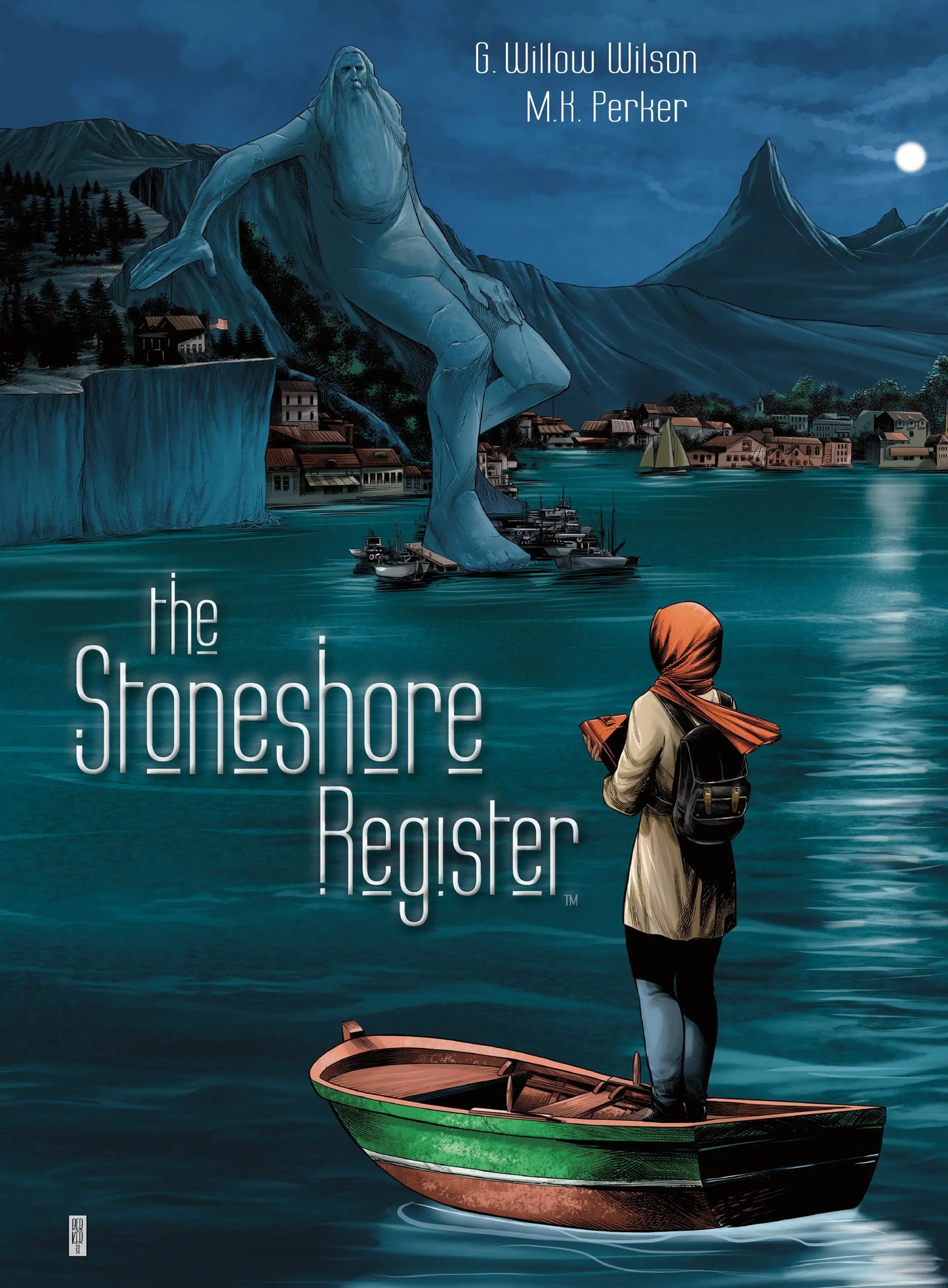Cover of The Stoneshore Register graphic novel with giant stone figure and town scene
